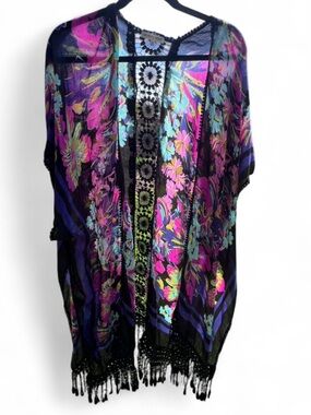 Woven Heart Gorgeous Black Floral Fringe Kimono with Pink & Teal Flowers